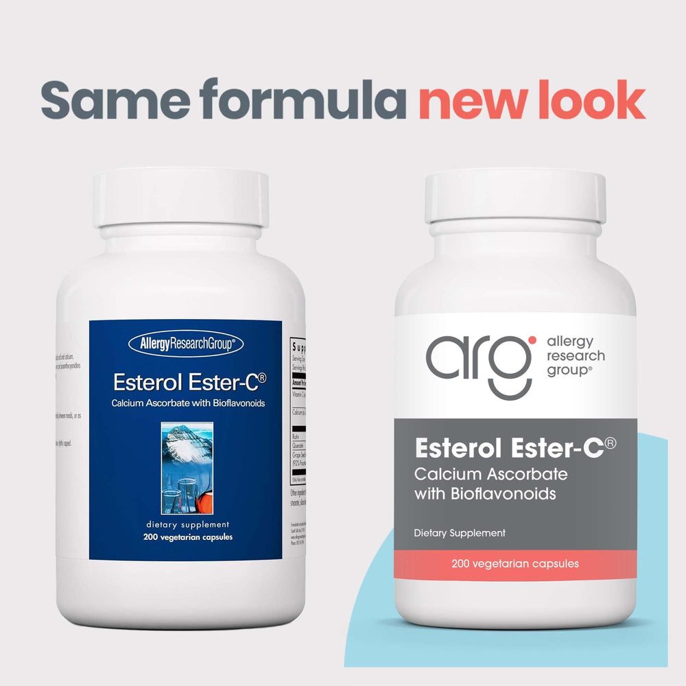 Allergy Research Group Esterol label closeup highlights calcium ascorbate form and bioflavonoids.