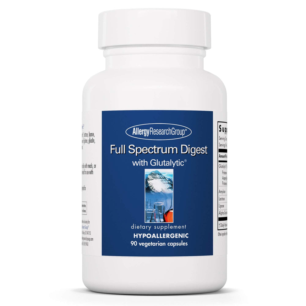 Allergy Research Group Full Spectrum Digest with Glutalytic bottle closeup highlighting gluten support.