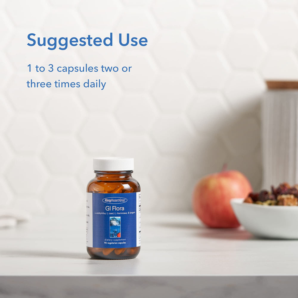 Allergy Research Group GI Flora Dairy Free 90 count box with bottle