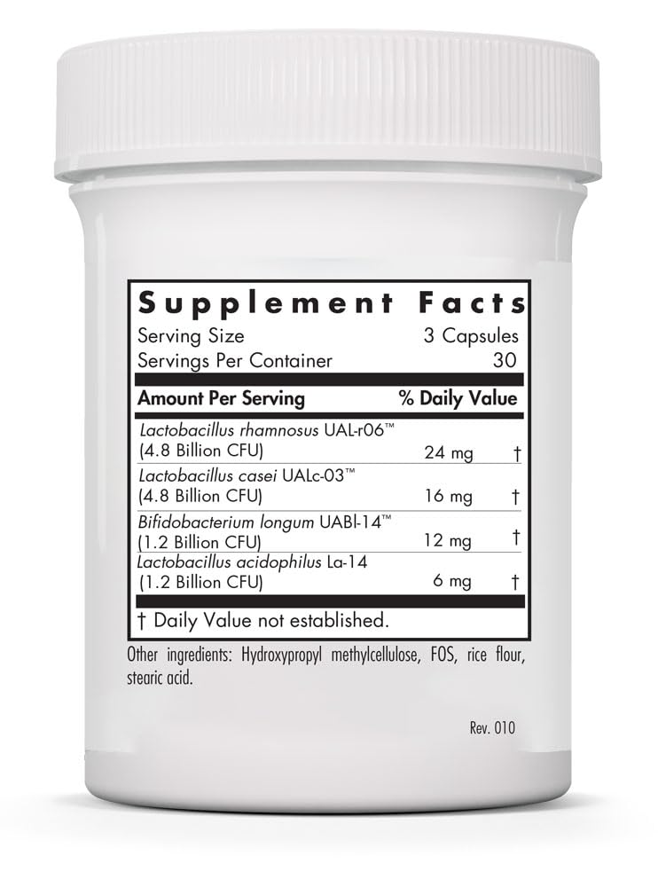 Close-up of Allergy Research Group GI Flora Dairy Free capsules highlighting probiotic blend