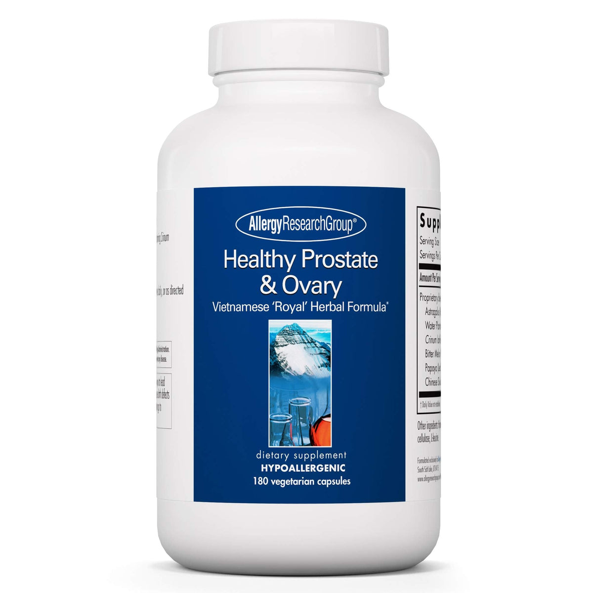Allergy Research Group healthy prostate & ovary supplement bottle promoting reproductive health