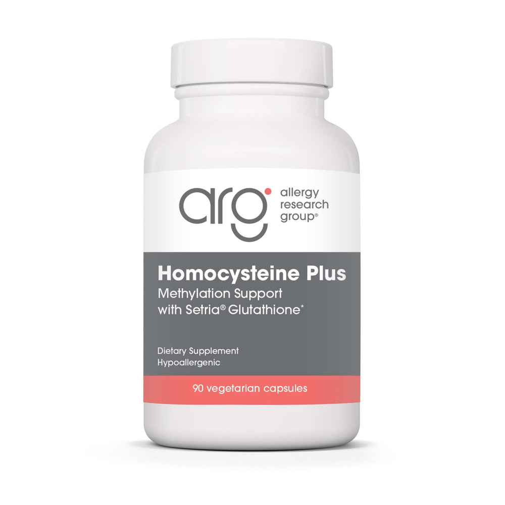 Allergy Research Group Homocysteine Plus bottle pour showcases easy daily use for supporting cardiovascular health.