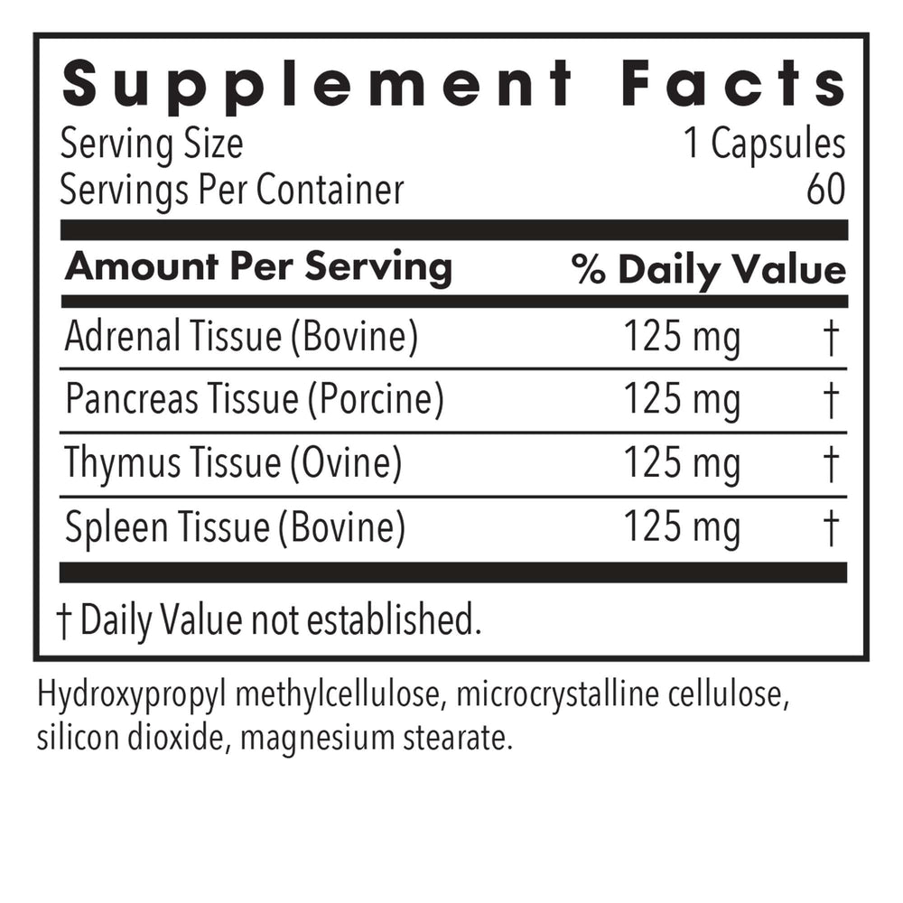 Immuno-Gland Plex capsules close-up highlighting glandular blend for immune support.