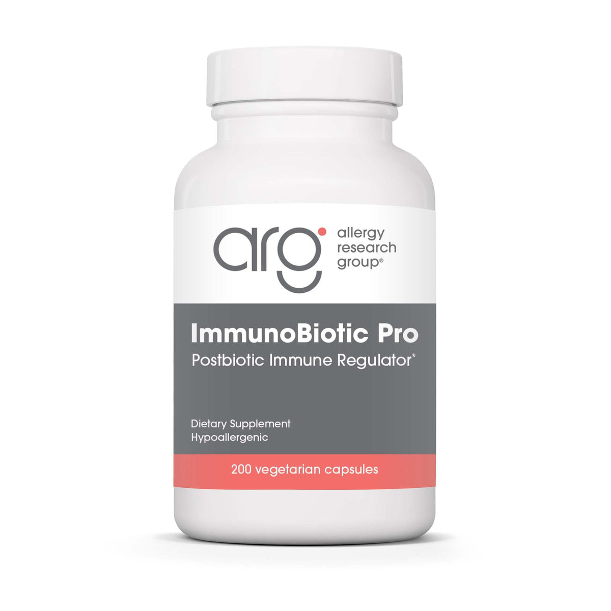 Allergy Research Group ImmunoBiotic Pro bottle front shows branding and immune support option.