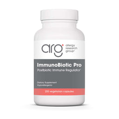 Allergy Research Group ImmunoBiotic Pro bottle front shows branding and immune support option.