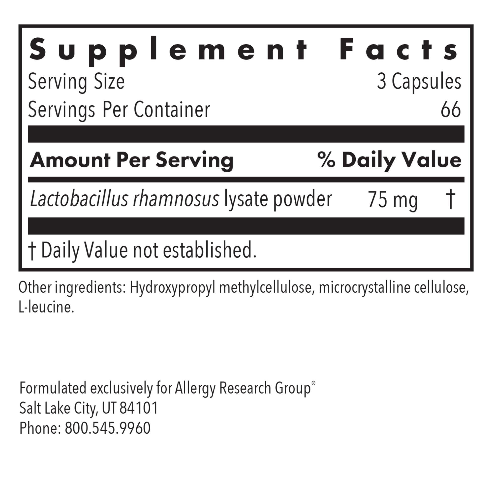 Label detail highlights Lactobacillus rhamnosus lysate information for immune modulation.