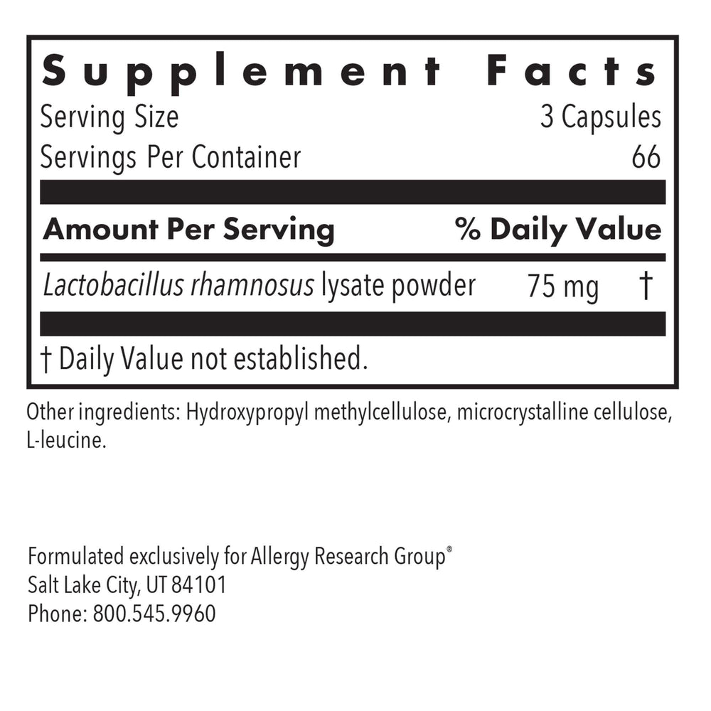 Label detail highlights Lactobacillus rhamnosus lysate information for immune modulation.