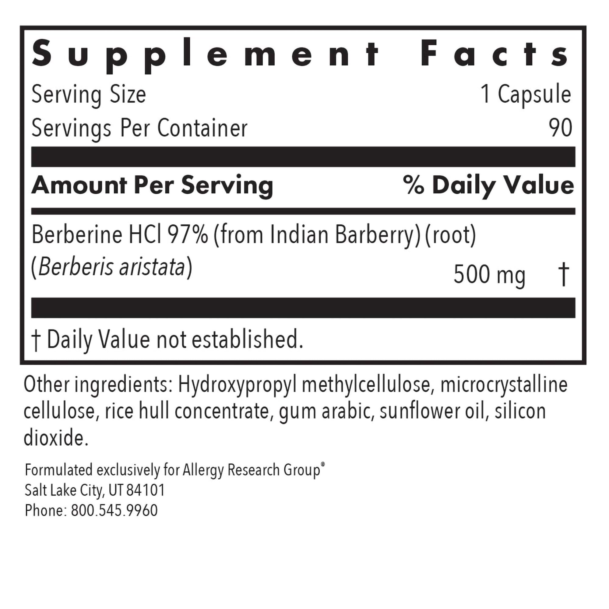 Allergy Research Group berberine capsules with Indian barberry root, high-purity formula