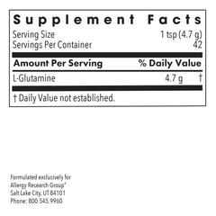 Allergy Research Group L-Glutamine powder with measuring spoon enables precise daily dosing.