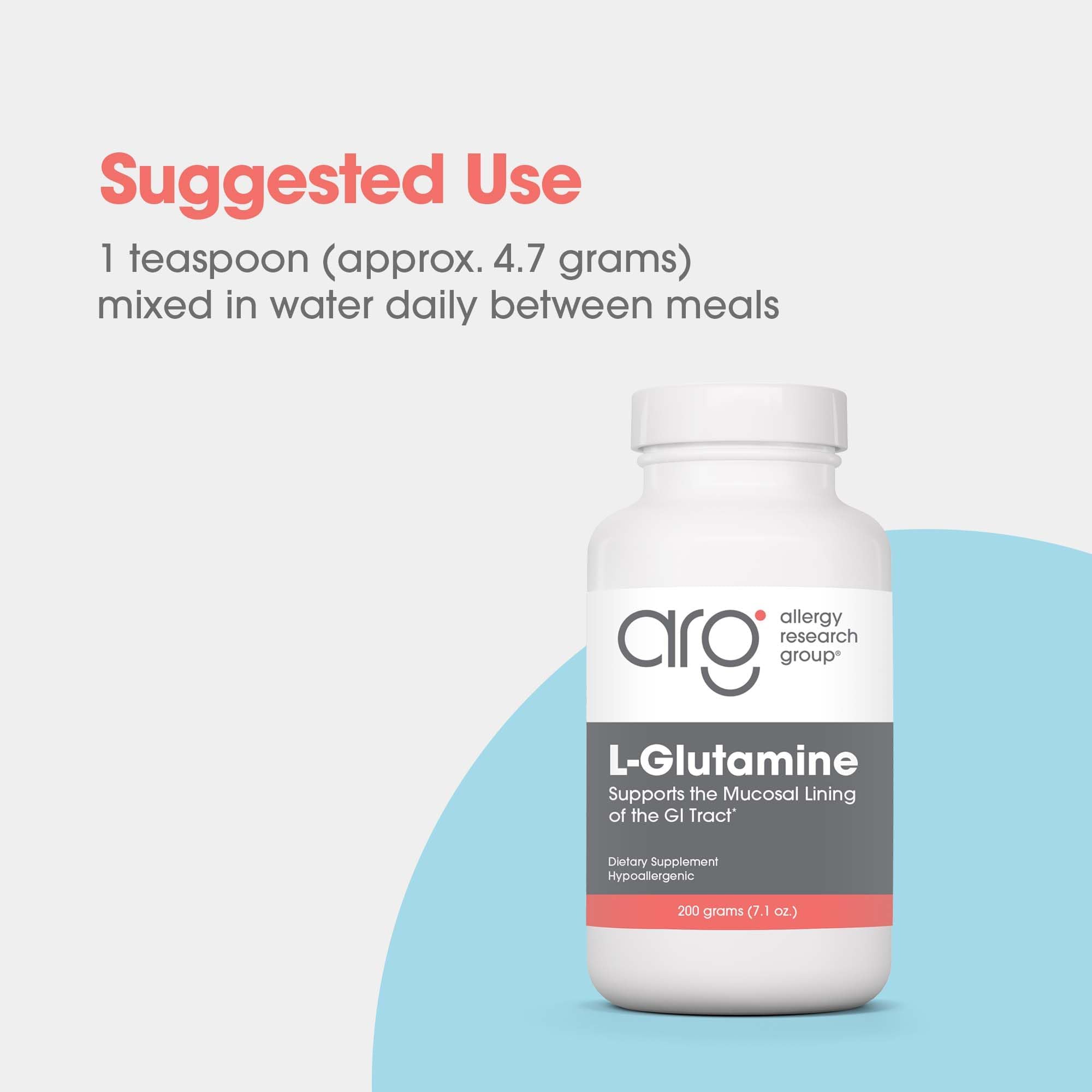 Allergy Research Group L-Glutamine powder tub close-up highlights purity for clean supplementation.