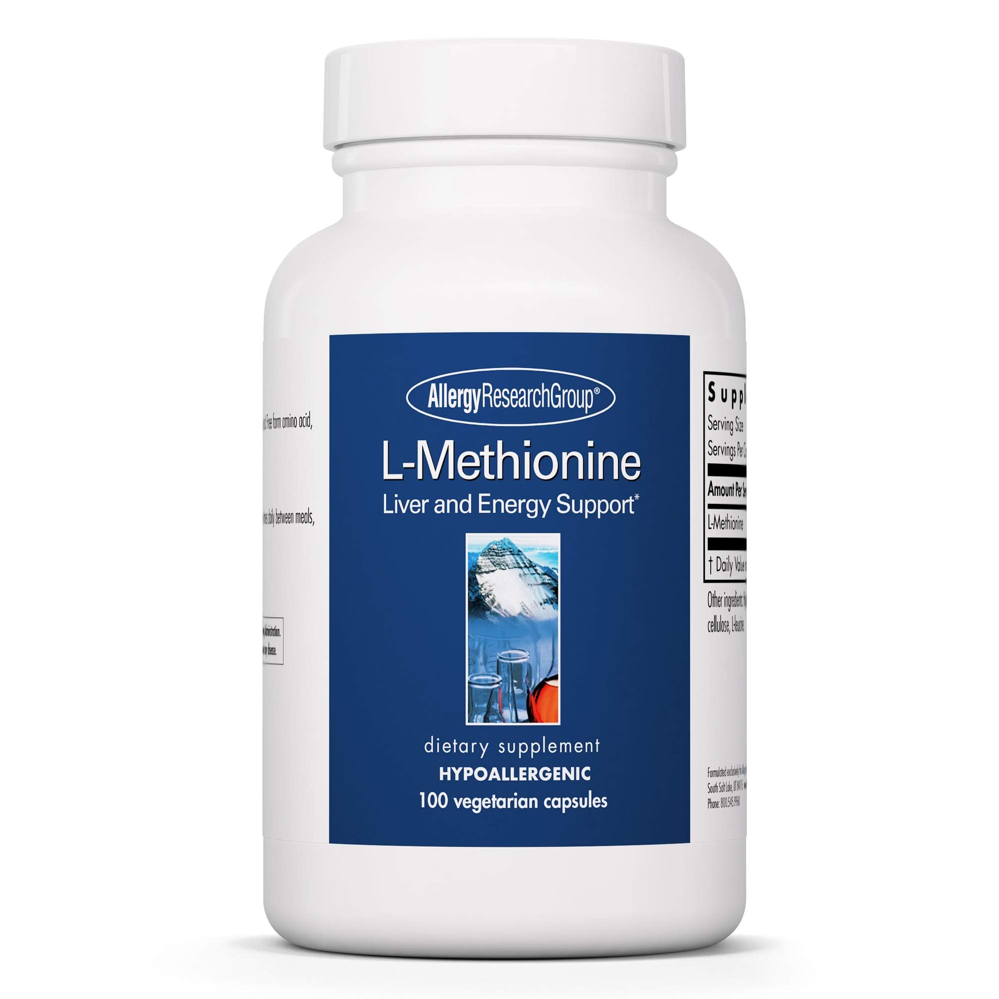 The Allergy Research Group L-Methionine bottle label highlights energy support.