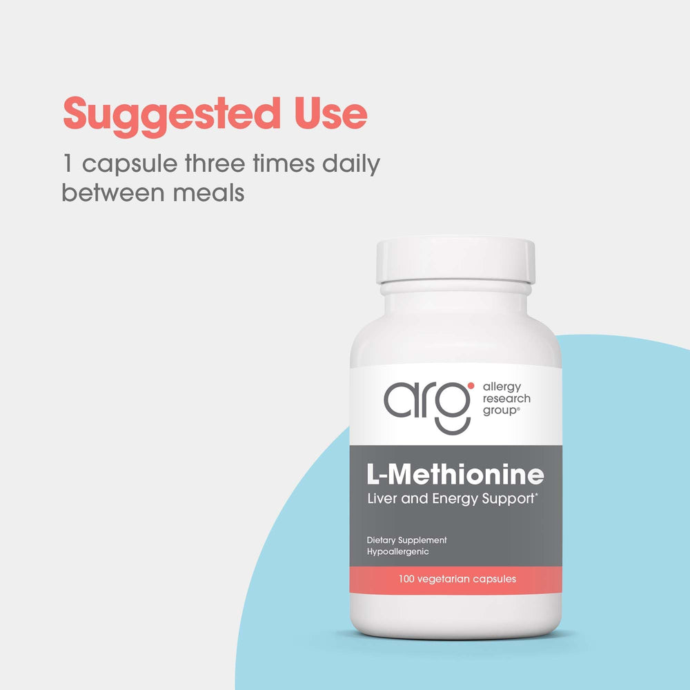 The Allergy Research Group L-Methionine supplement packaging includes a health-support label.