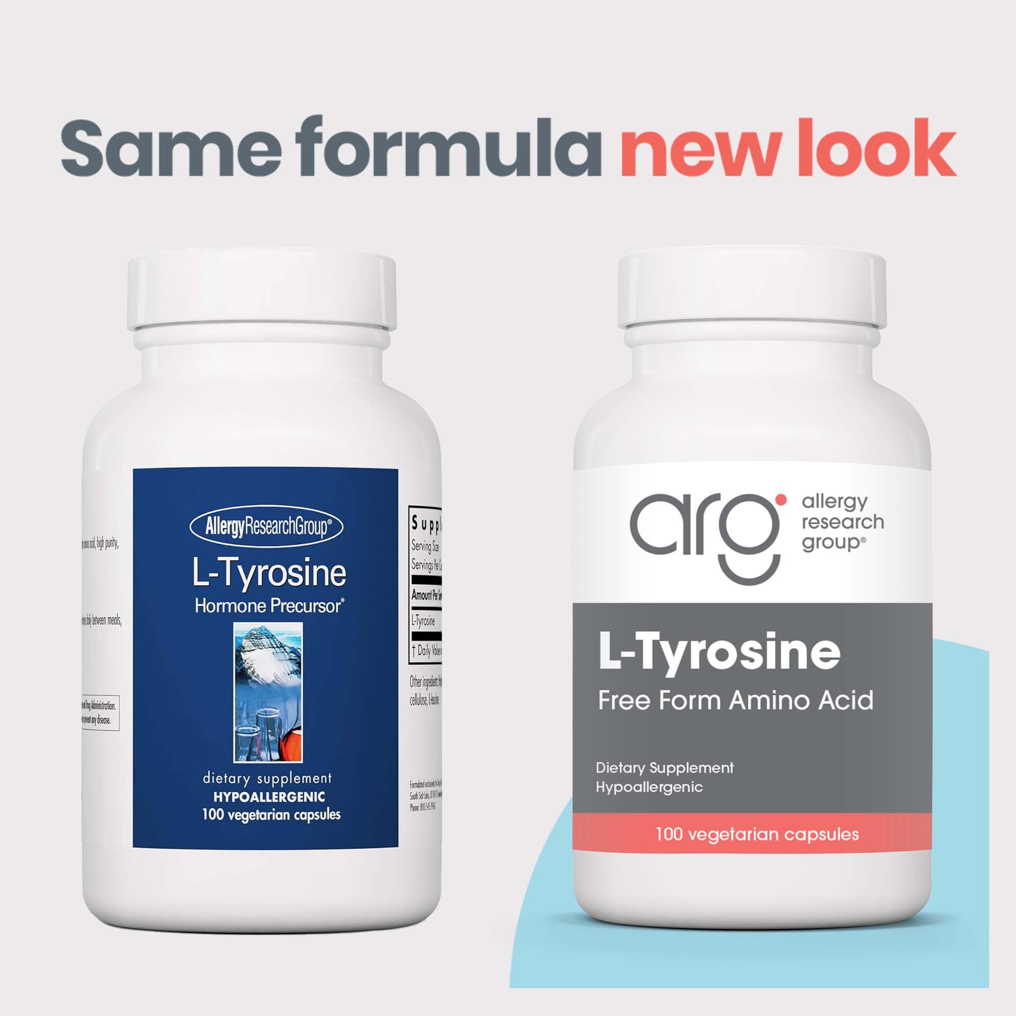Pouring L-Tyrosine capsules from Allergy Research Group bottle