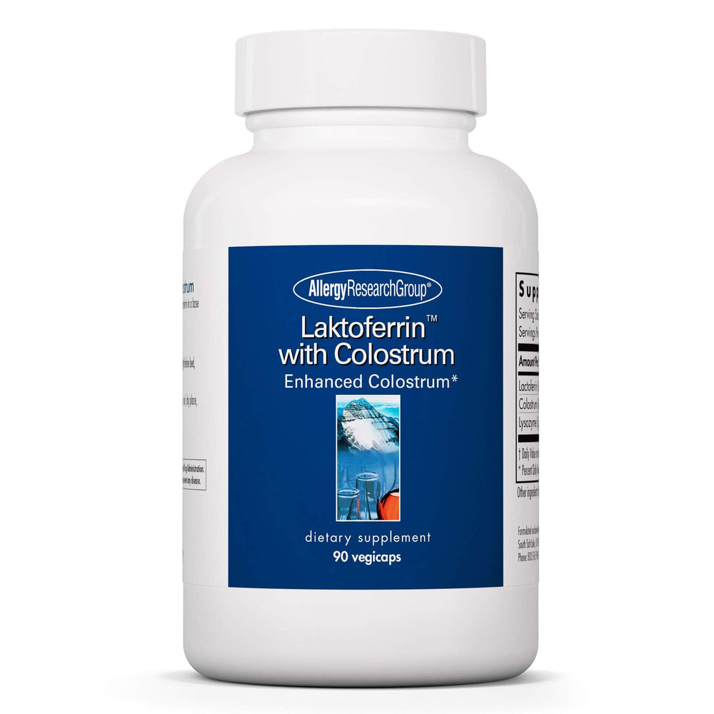 Allergy Research Group Laktoferrin with Colostrum bottle shows hints of immune support potential.