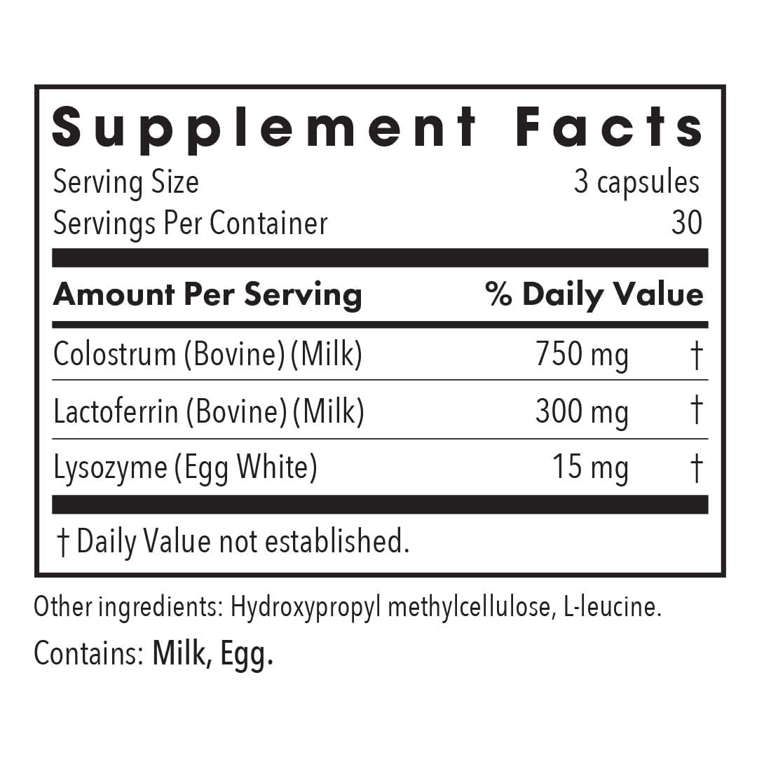 Laktoferrin with Colostrum capsules closeup suggests high-quality immune support.