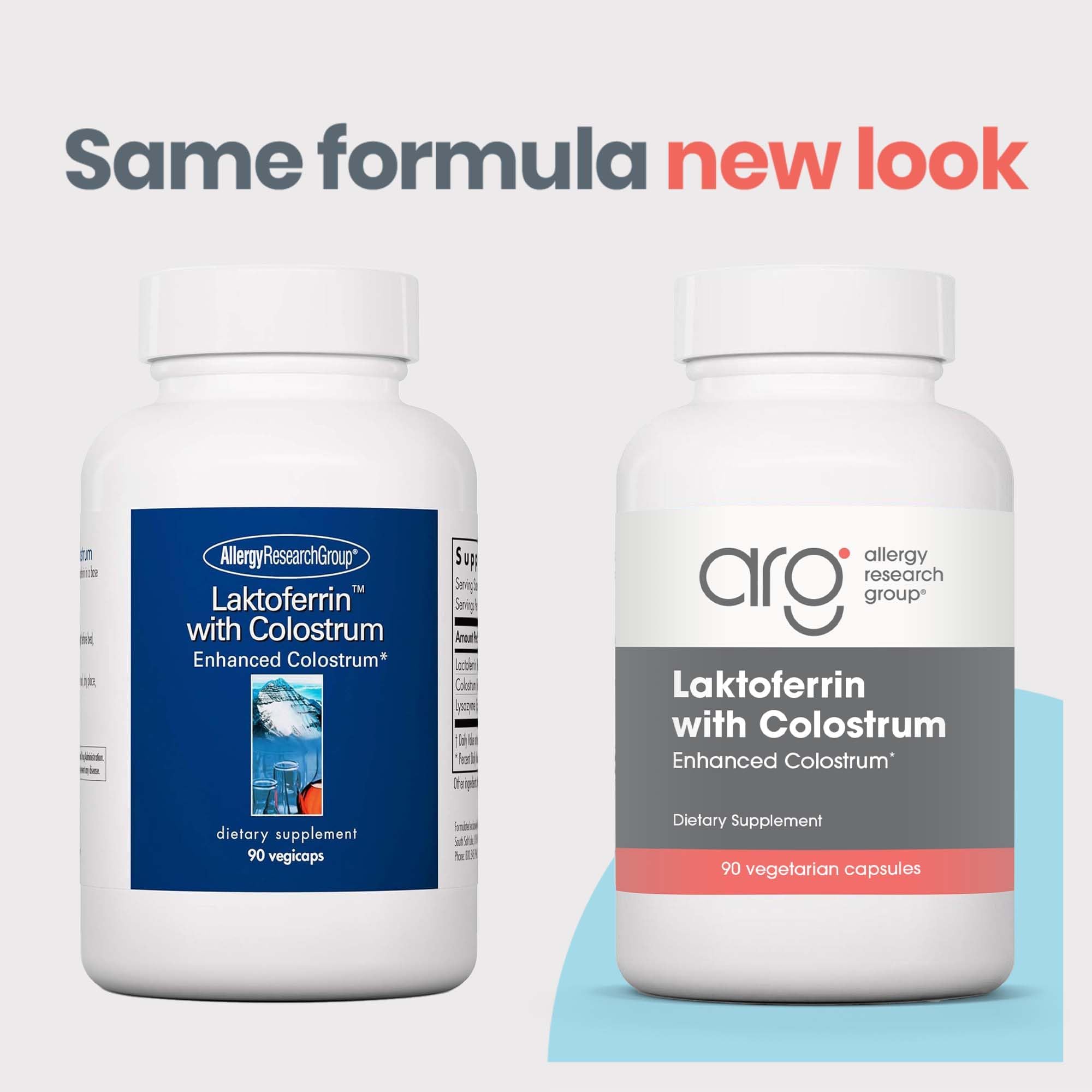 Allergy Research Group Laktoferrin with Colostrum label detail highlights hypoallergenic formulation.