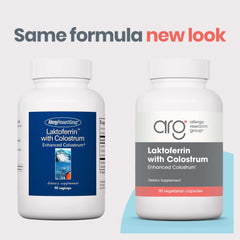 Allergy Research Group Laktoferrin with Colostrum label detail highlights hypoallergenic formulation.