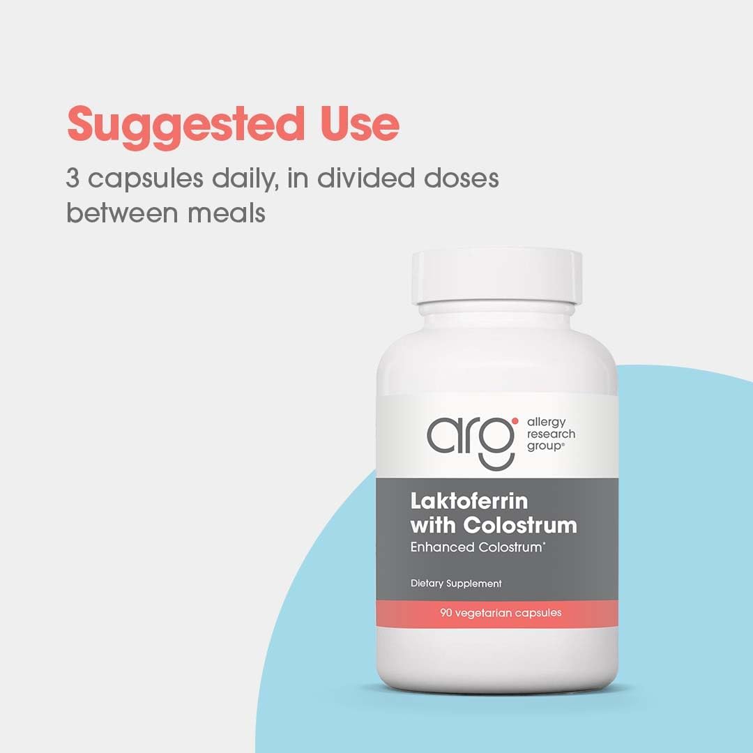 Packaging display for Laktoferrin with Colostrum emphasizes easy daily dosing.