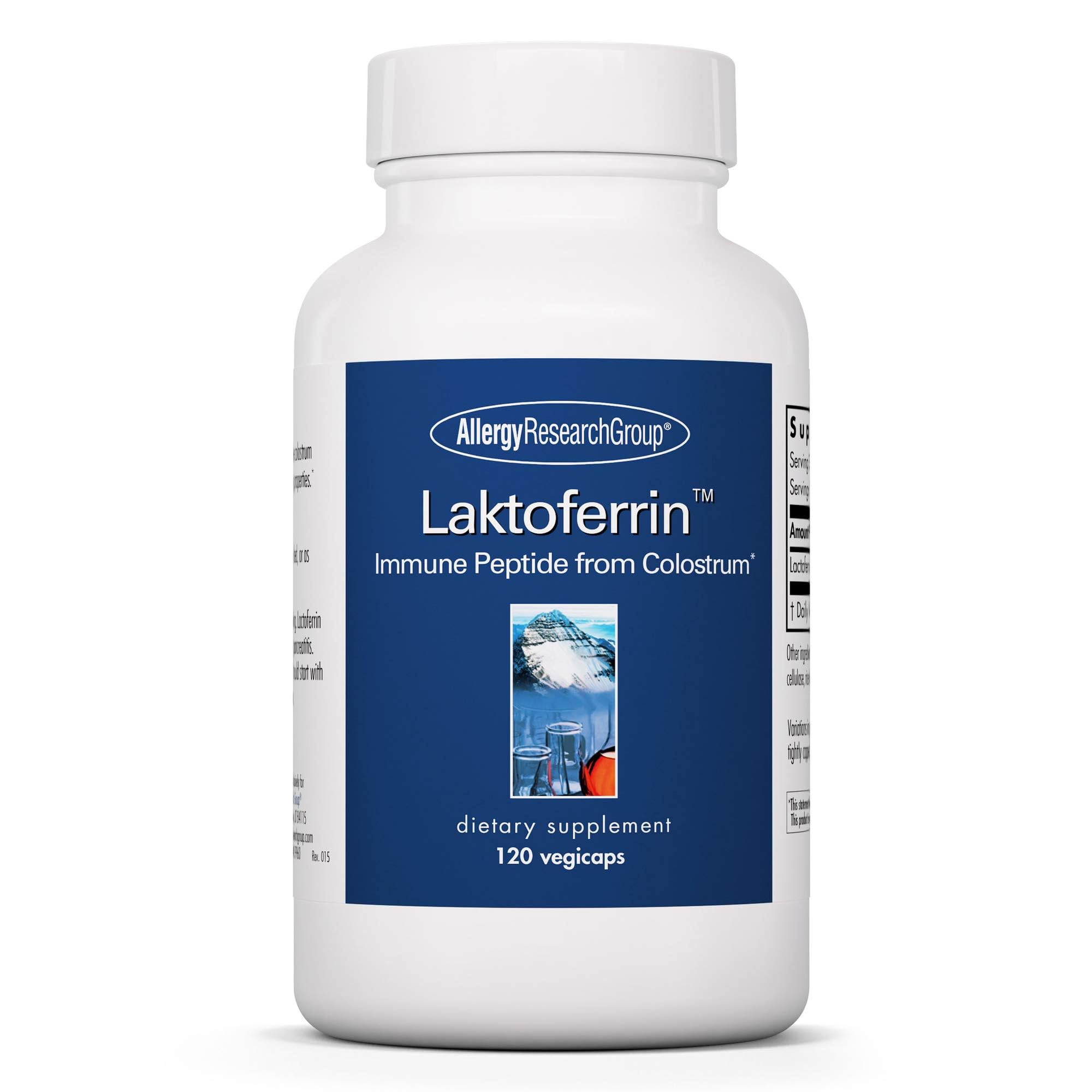 Allergy Research Group Laktoferrin capsules in bottle support iron transport and balance.