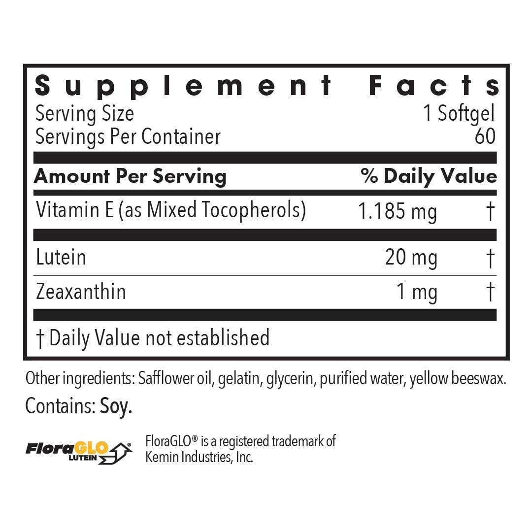 Allergy Research Group lutein capsules closeup emphasizes macular health.