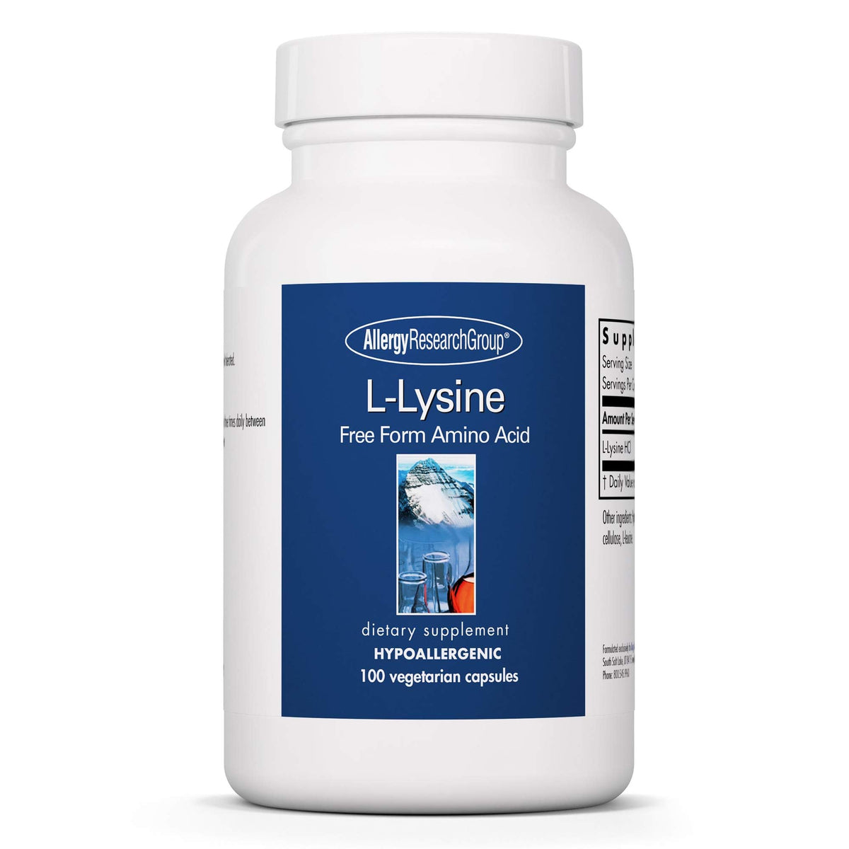 Allergy Research Group L-Lysine bottle with 500 mg capsules for daily support.