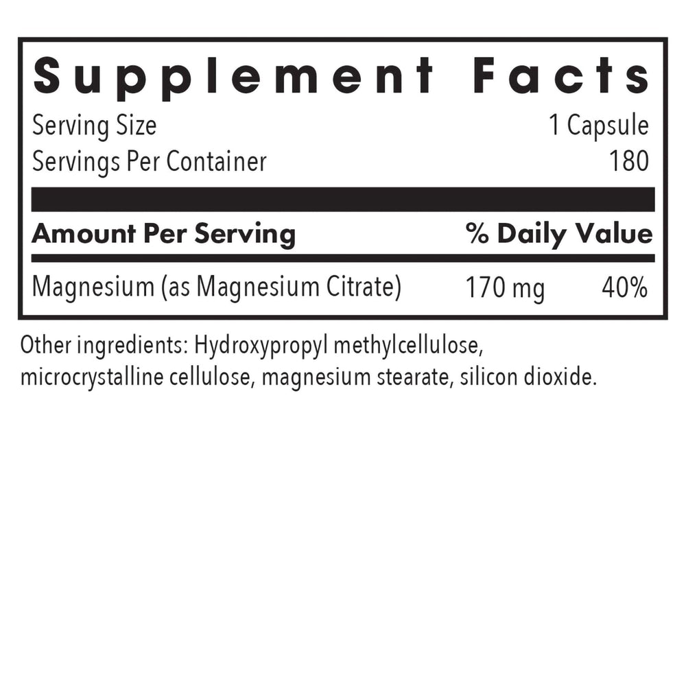 Allergy Research Group magnesium citrate bottle label, high quality formula