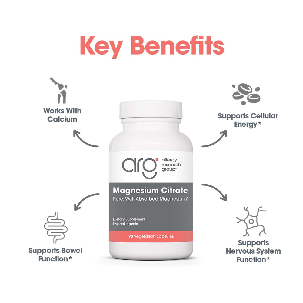 Allergy Research Group Magnesium Citrate bottle with packaging demonstrates doctor-developed, hypoallergenic quality
