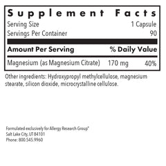 Allergy Research Group Magnesium Citrate capsules—vegetarian, hypoallergenic option for daily mineral support