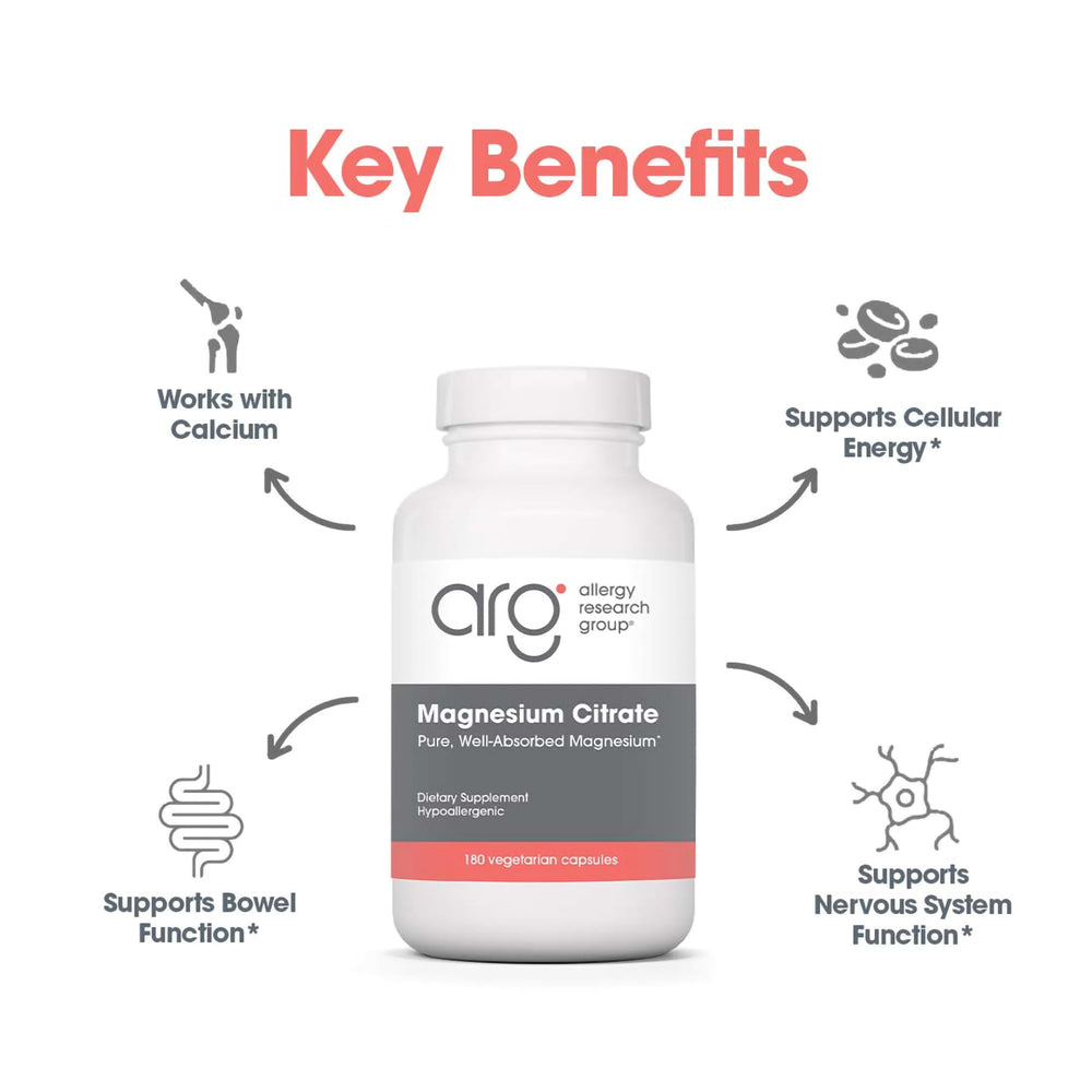 Allergy Research Group magnesium citrate capsules on shelf, vegetarian capsule