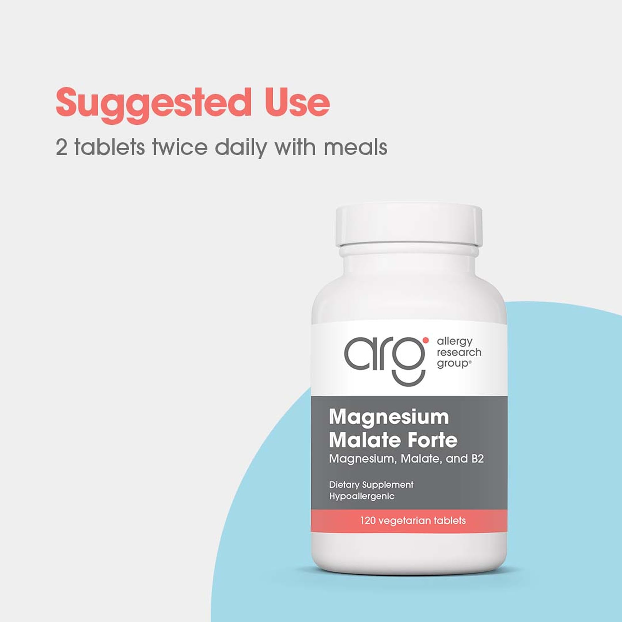 Allergy Research Group Magnesium Malate Forte packaging shows vegetarian tablets for convenient use.
