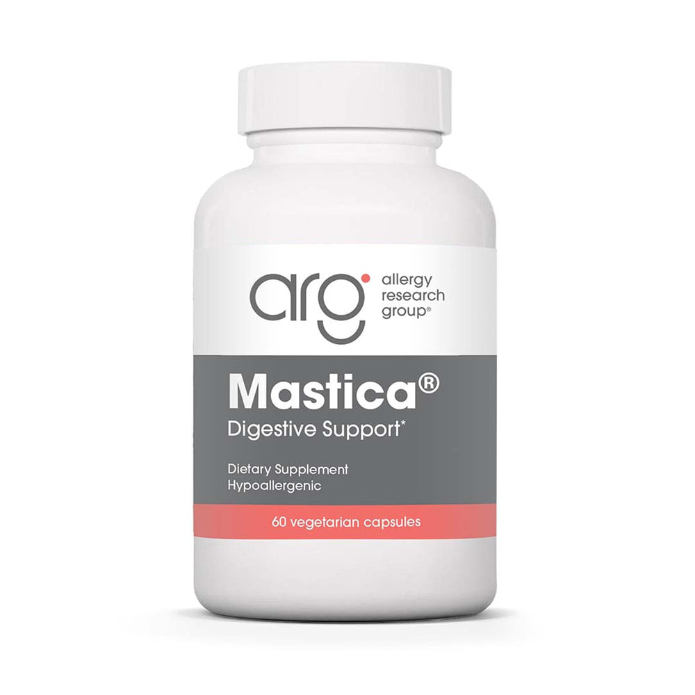 Allergy Research Group Mastic Gum bottle on counter for digestive comfort.
