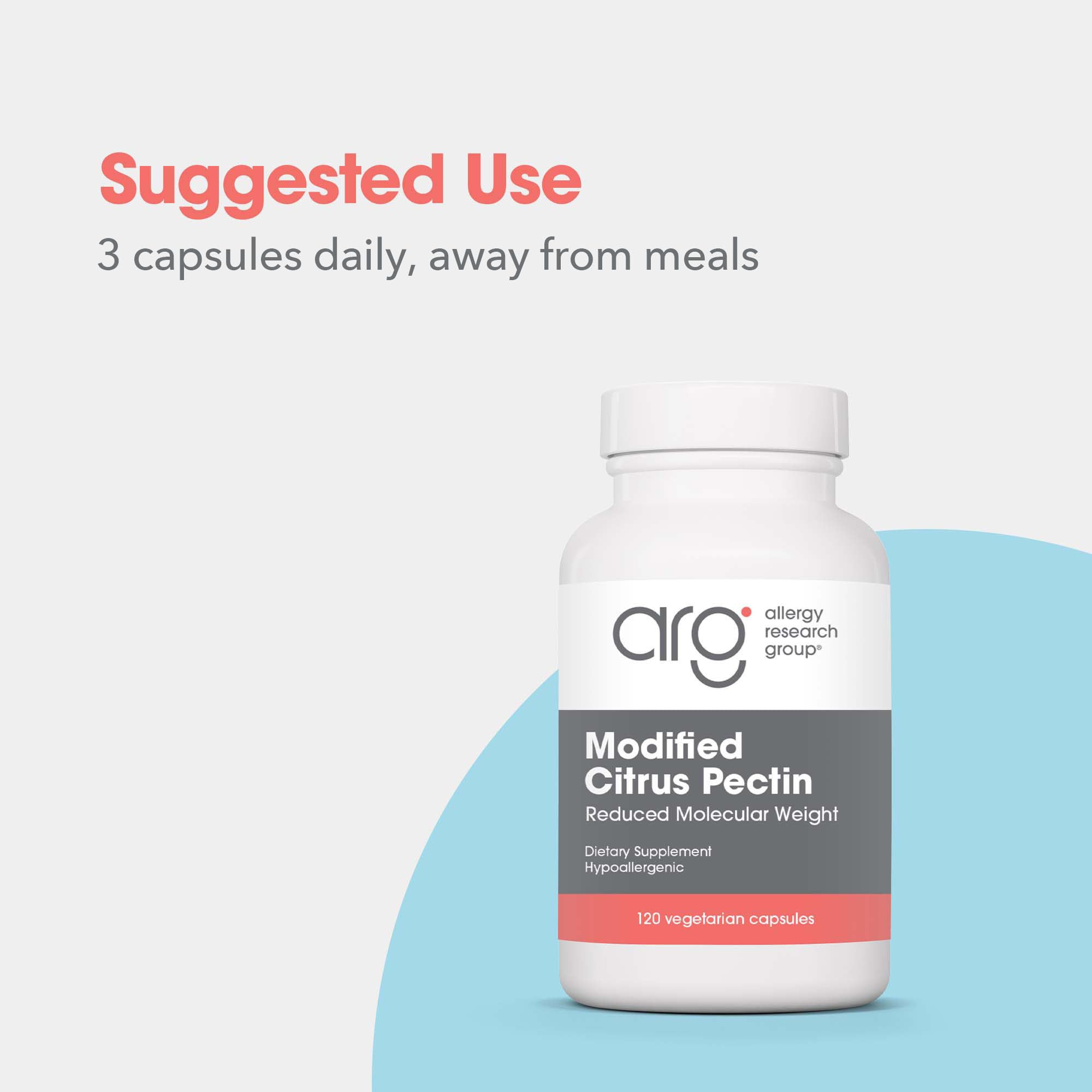 Allergy Research Group Modified Citrus Pectin on a kitchen counter reflecting hypoallergenic, doctor developed formula.