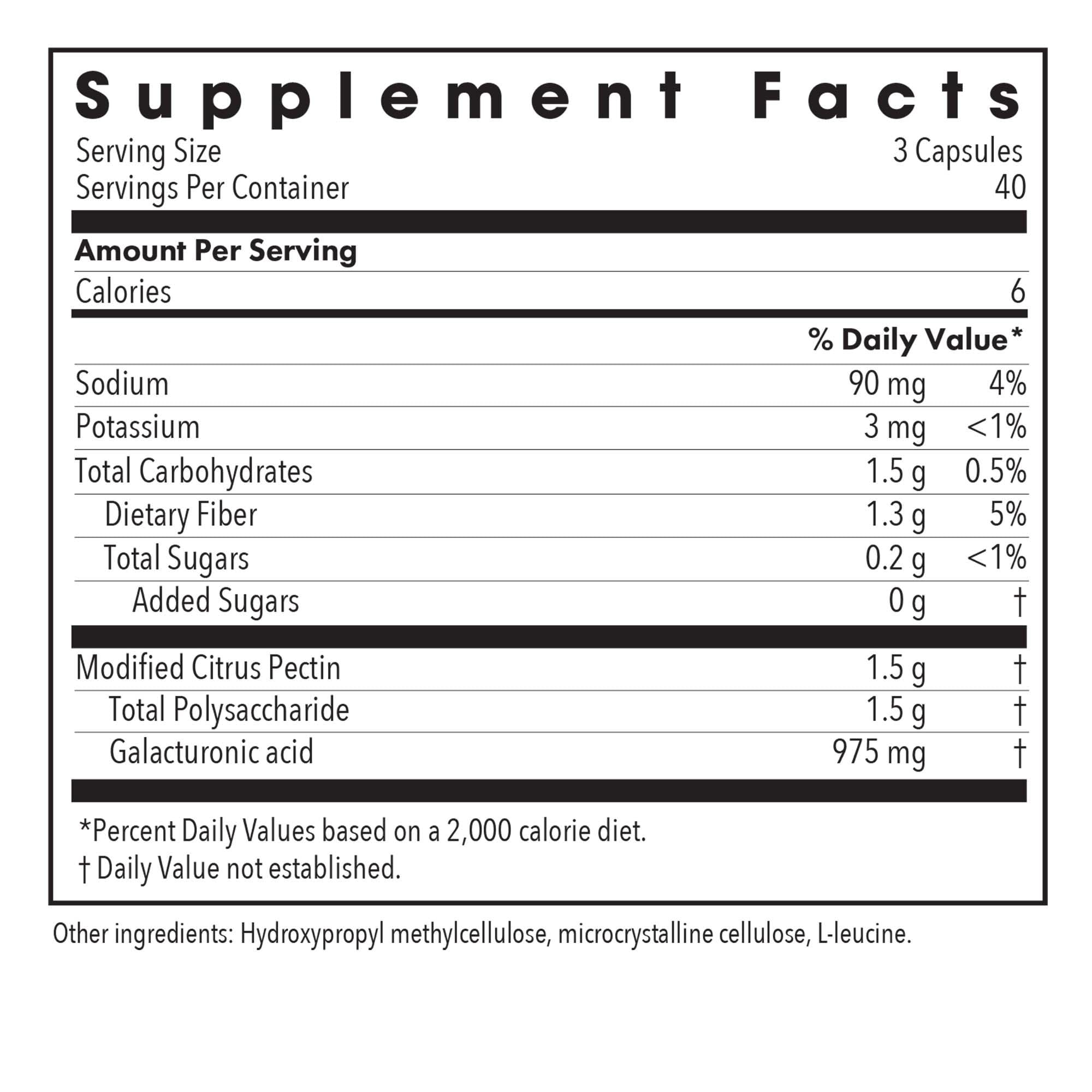 Allergy Research Group Modified Citrus Pectin label highlights reduced molecular weight for better absorption.