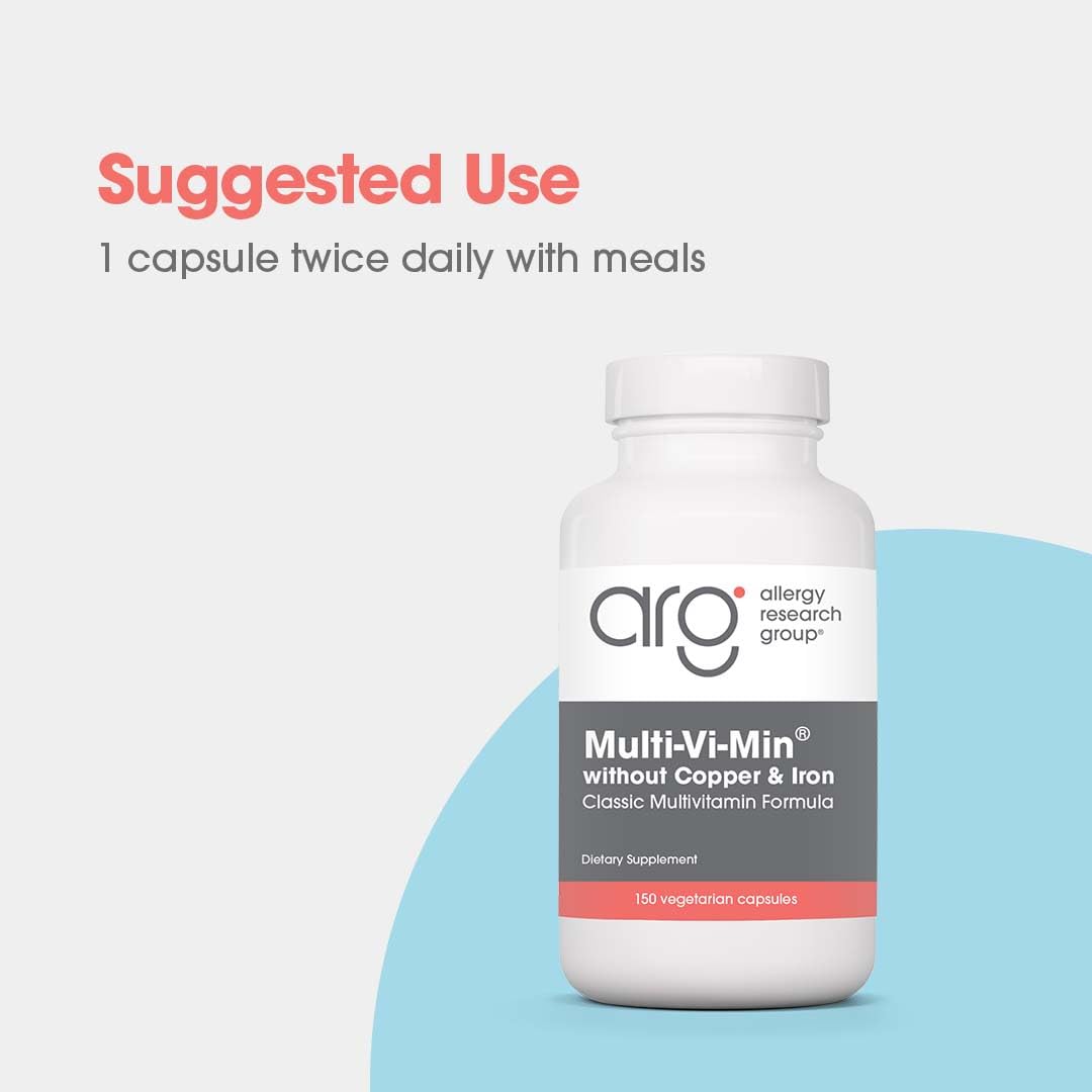 Allergy Research Group Multi-Vi-Min bottle cap and label emphasize copper- and iron-free formula