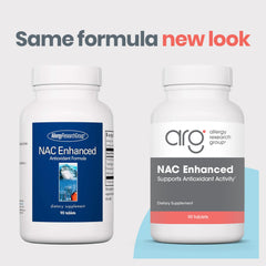 Allergy Research Group NAC Enhanced bottle label highlights ingredients and antioxidant support.