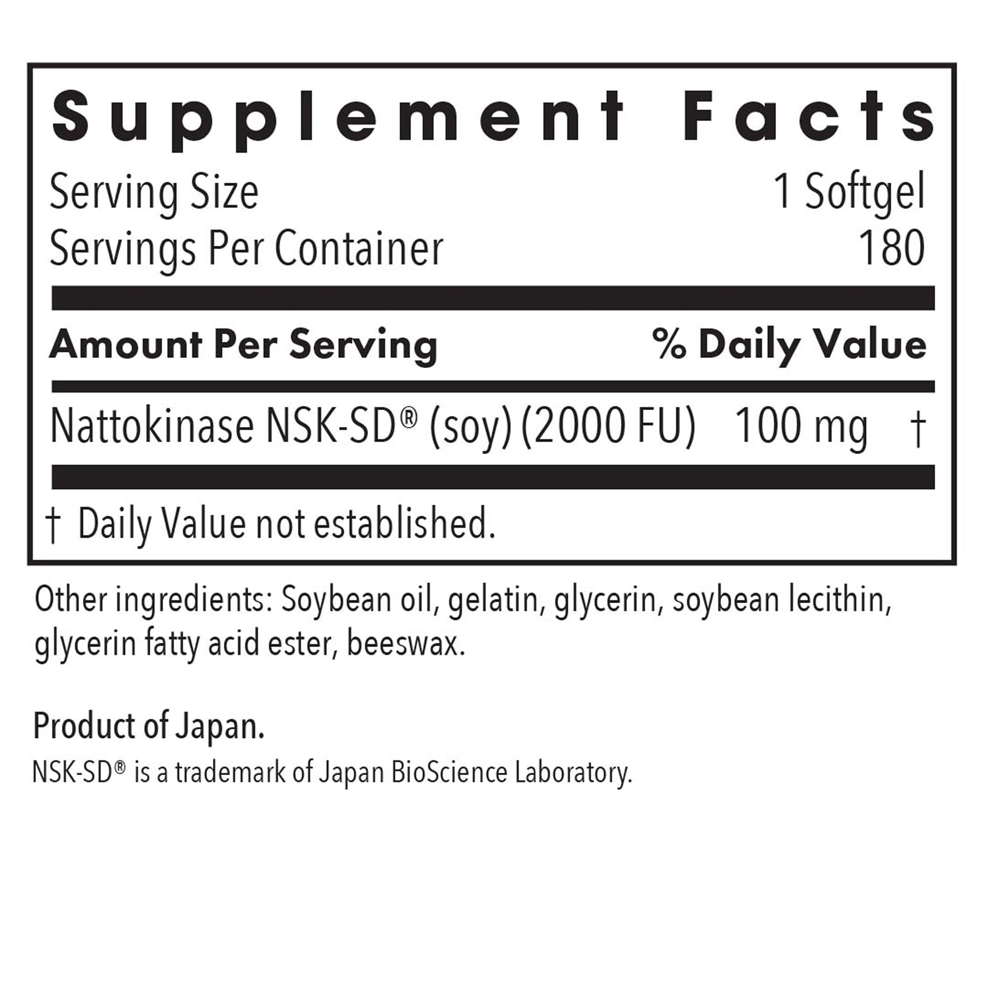 NSK-SD label highlighting purity and potency of nattokinase product