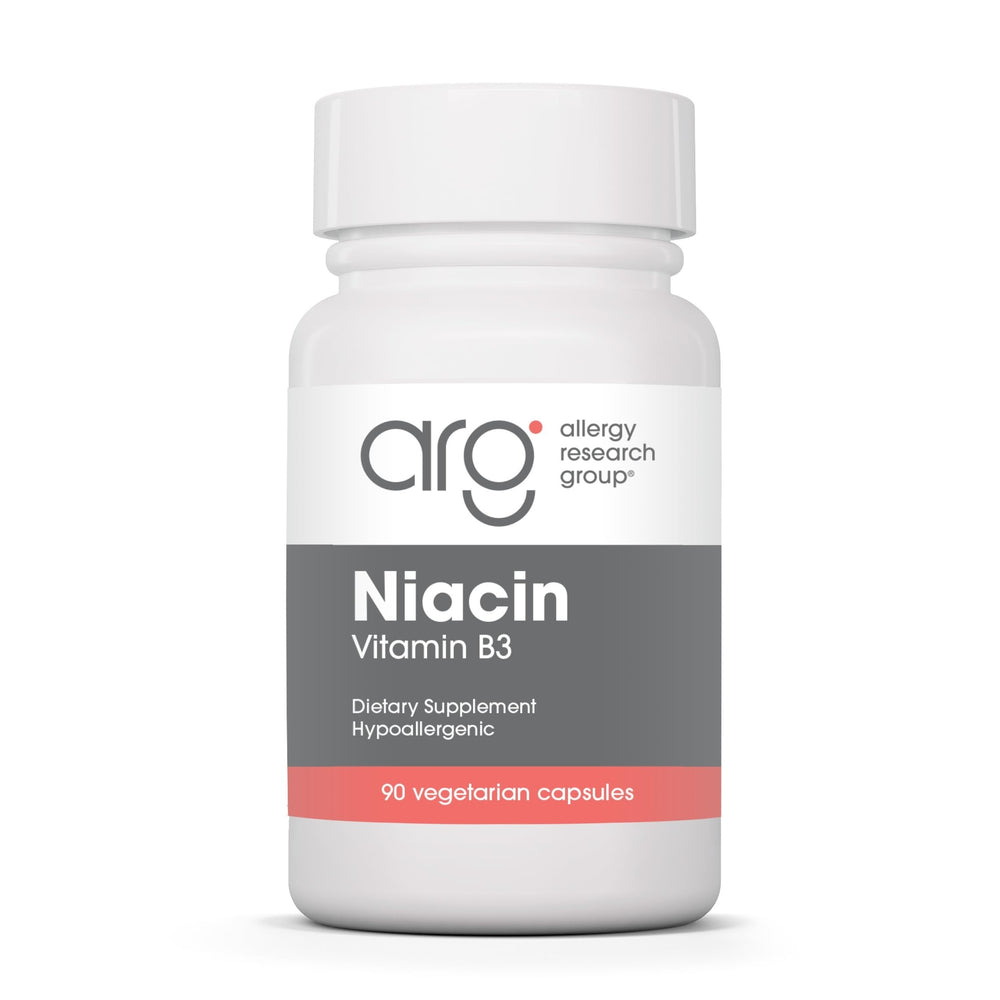Allergy Research Group Niacin capsule bottle highlighting energy metabolism support.