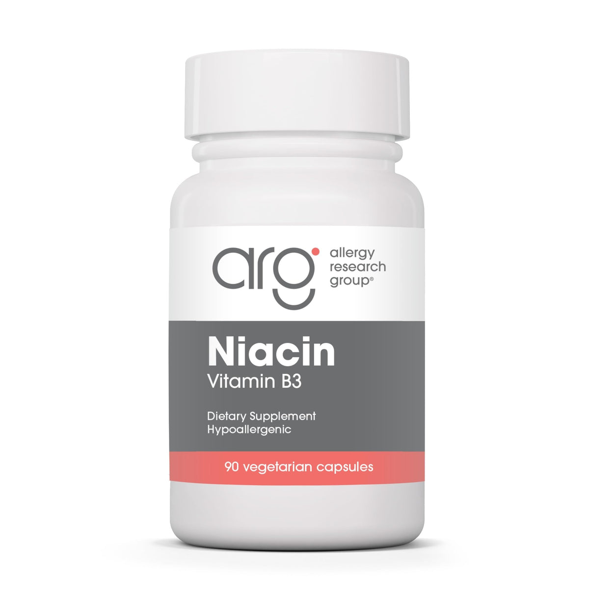 Allergy Research Group Niacin capsule bottle highlighting energy metabolism support.
