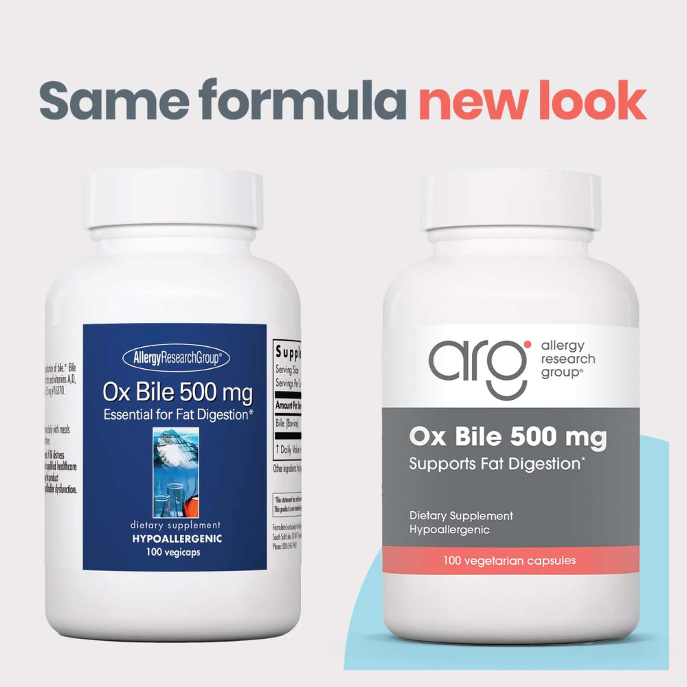 Ox Bile 500mg bottle from Allergy Research Group showing label and capsules