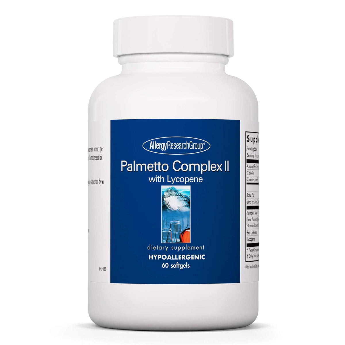 Allergy Research Group Palmetto Complex II bottle emphasizing prostate support benefits