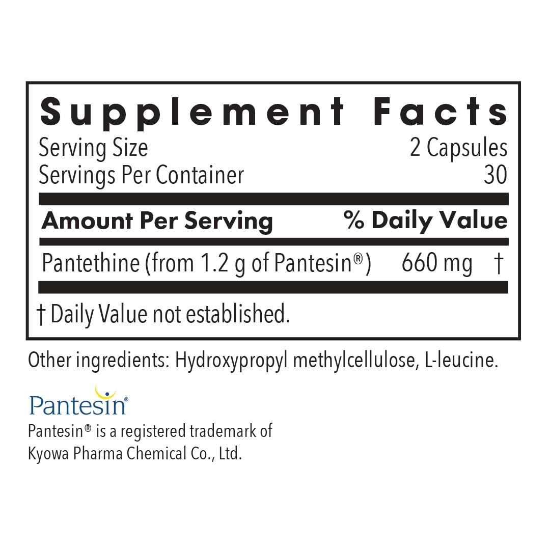 Allergy Research Group Pantethine label close-up emphasizing premium formulation for metabolism.