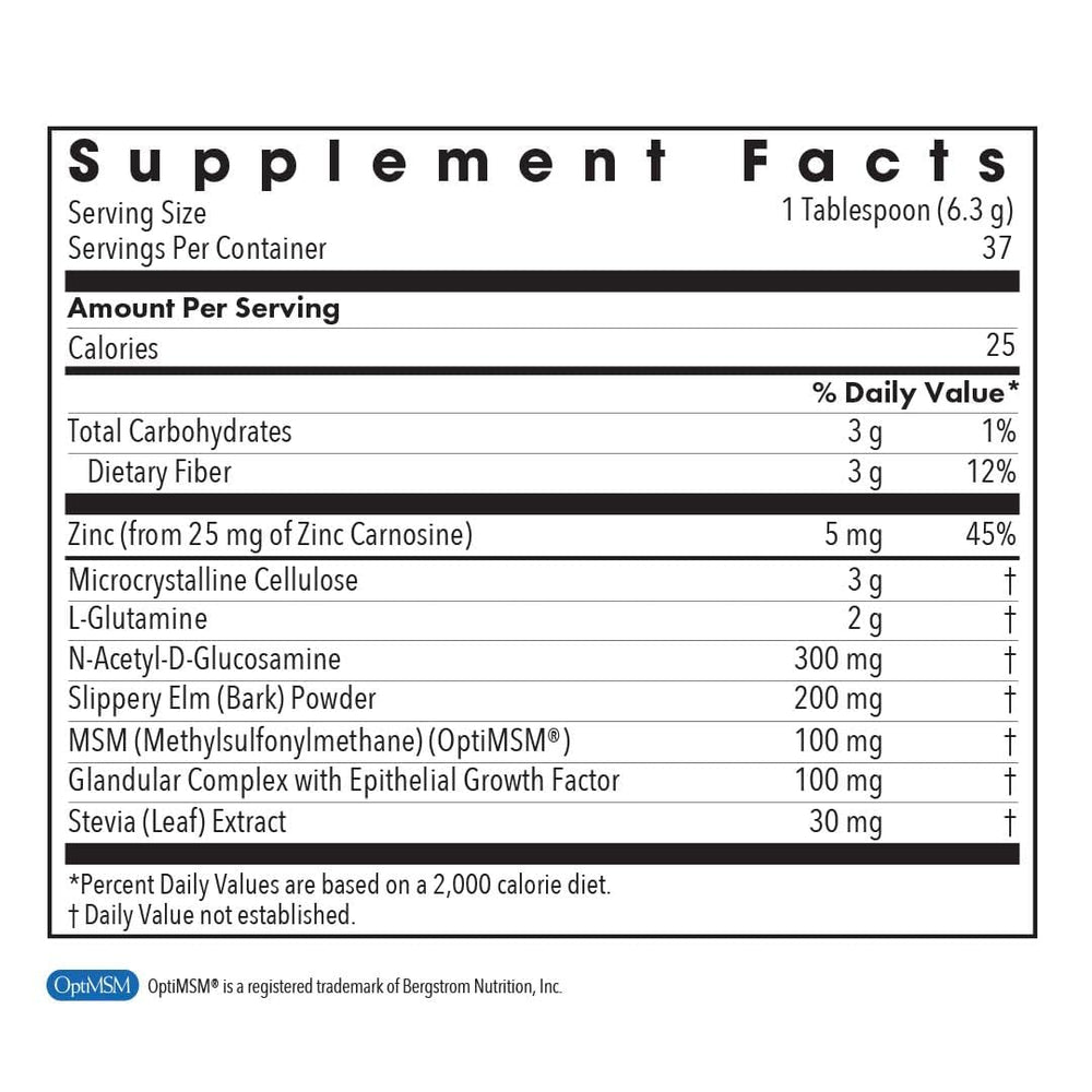 Perm A Vite powder label featuring L-glutamine and slippery elm.