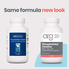 Allergy Research Group phosphatidylcholine capsules closeup highlighting hypoallergenic formula.