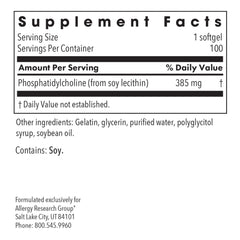 Allergy Research Group phosphatidylcholine label on bottle shows purity and source.