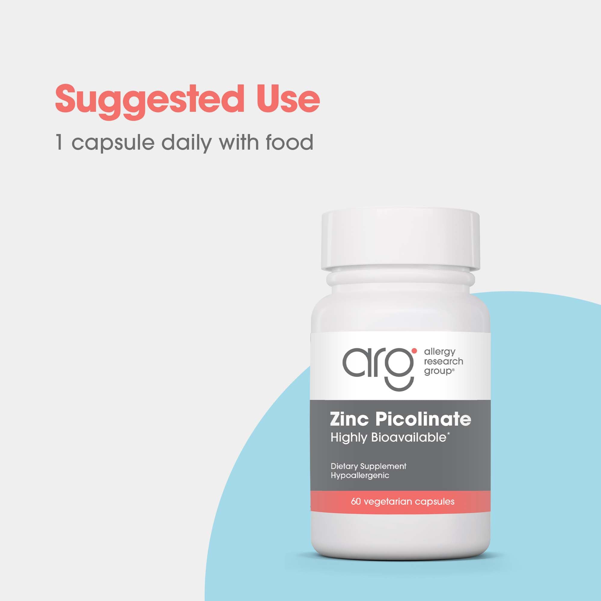 ARG Zinc Picolinato: producto de alta pureza sin gluten ni alérgenos comunes.