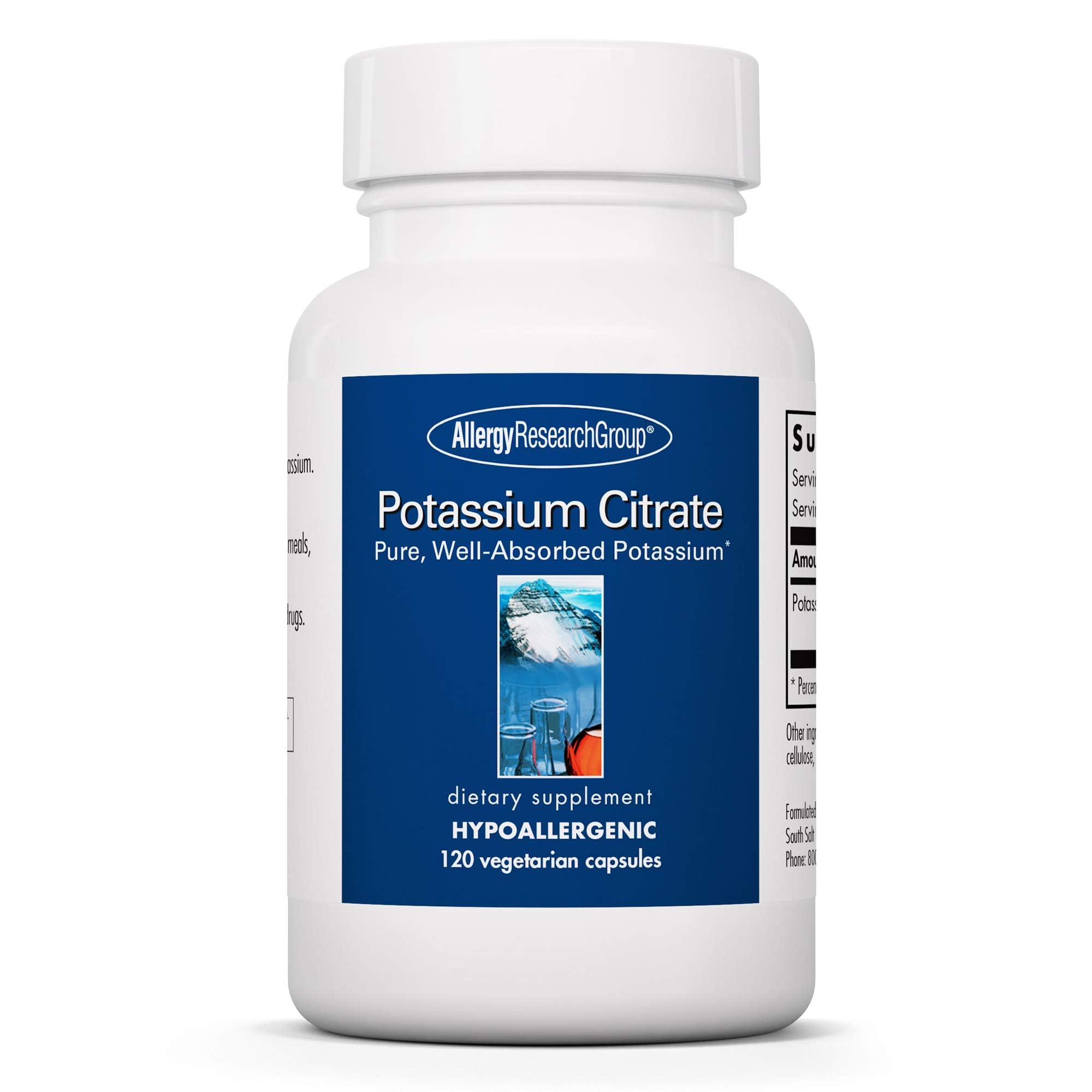 Allergy Research Group Potassium Citrate bottle front highlights pure, well-absorbed mineral support.