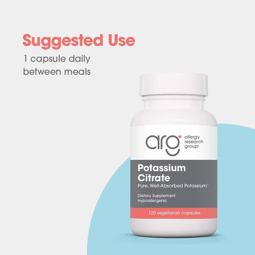 Allergy Research Group Potassium Citrate ingredients label highlights hypoallergenic formula.