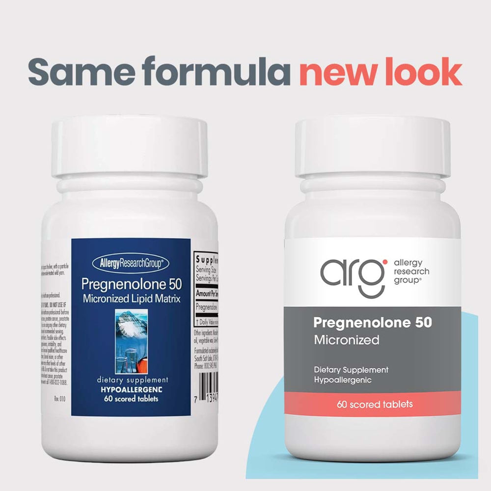 Allergy Research Group pregnenolone tablets close-up showing tiny crystals for absorption.