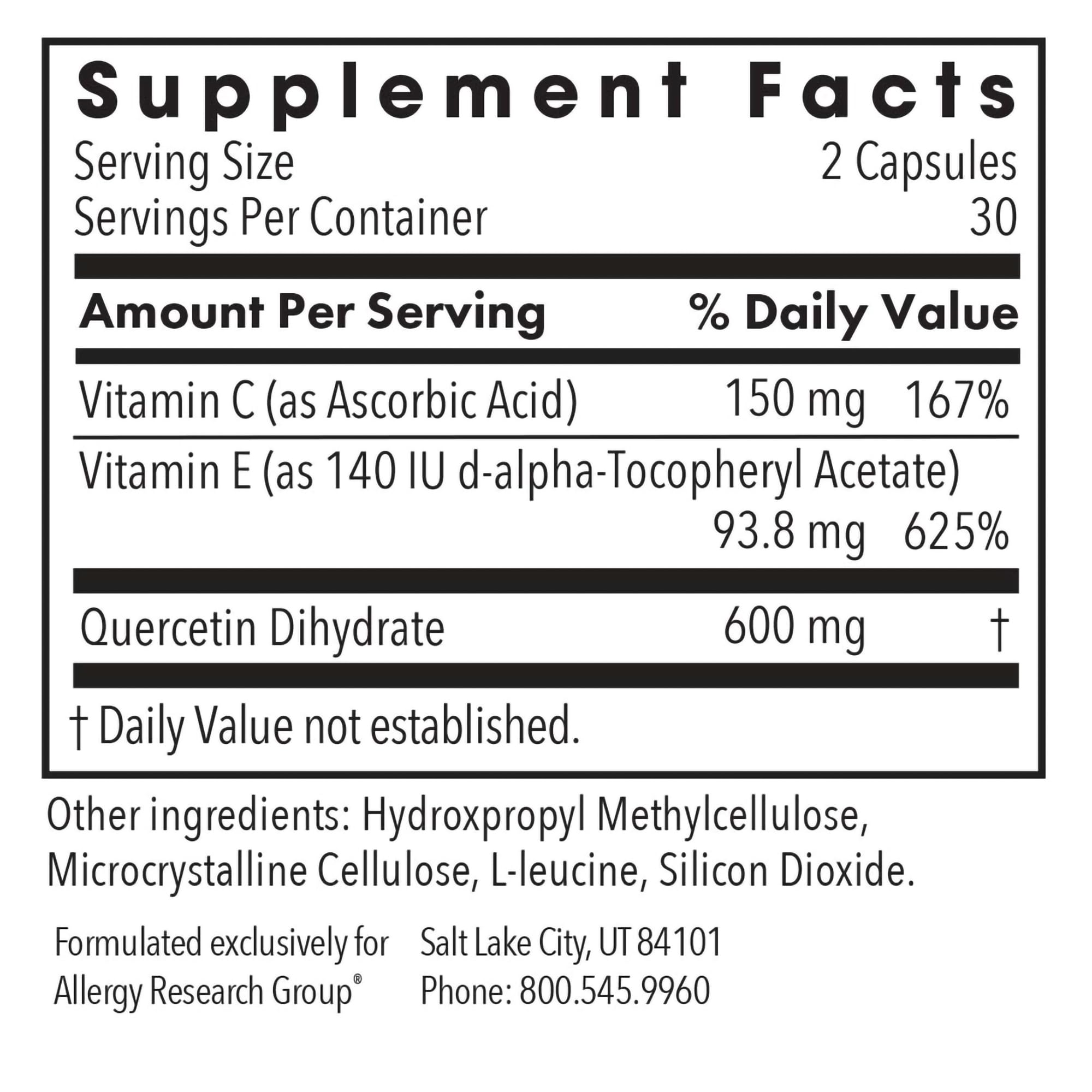 Allergy Research Group Quercetin 300 nutrition facts panel for details
