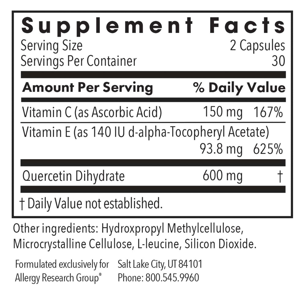 Allergy Research Group Quercetin 300 nutrition facts panel for details
